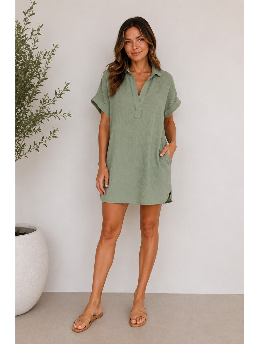 Three Dots Sage Green 100% Cotton Gauze Shirt Dress L Collared Short Sleeve